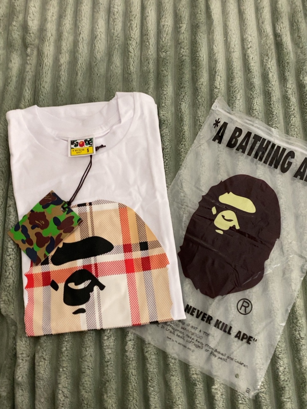Bape White Tee with Plaid Ape Head Graphic